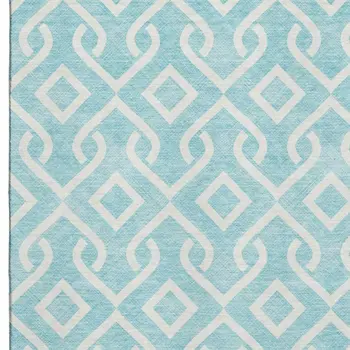 9' X 12' Aqua And Ivory Geometric Washable Area Rug With UV Protection
