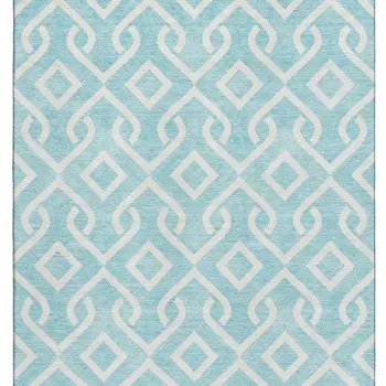 10' X 14' Aqua And Ivory Geometric Washable Area Rug With UV Protection