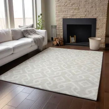 3' X 5' Beige And Ivory Geometric Washable Area Rug With UV Protection
