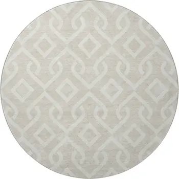 8' Beige And Ivory Geometric Washable Round Rug With UV Protection
