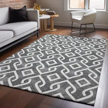 3' X 5' Black And Ivory Geometric Washable Area Rug With UV Protection