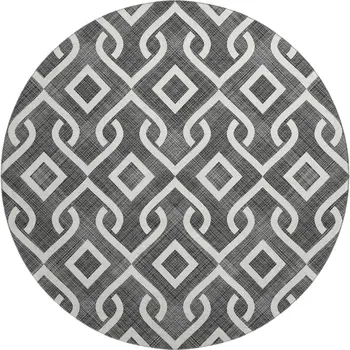 8' Black And Ivory Geometric Washable Round Rug With UV Protection