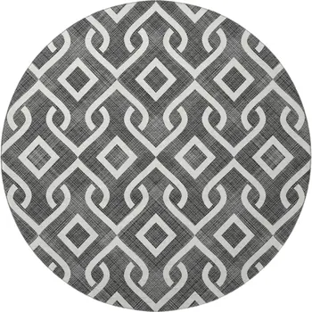 8' Black And Ivory Geometric Washable Round Rug With UV Protection