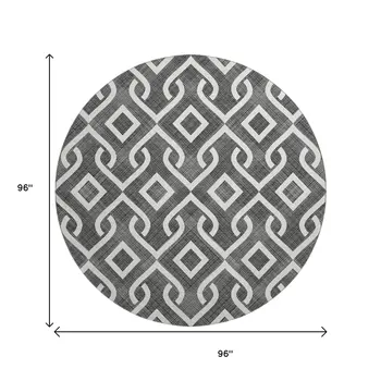 8' Black And Ivory Geometric Washable Round Rug With UV Protection
