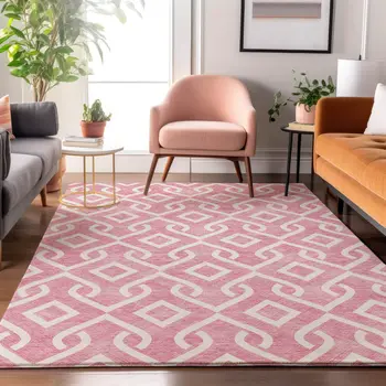3' X 5' Blush And Ivory Geometric Washable Area Rug With UV Protection