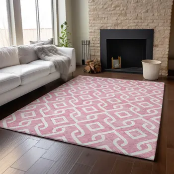 3' X 5' Blush And Ivory Geometric Washable Area Rug With UV Protection
