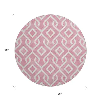 8' Blush And Ivory Geometric Washable Round Rug With UV Protection