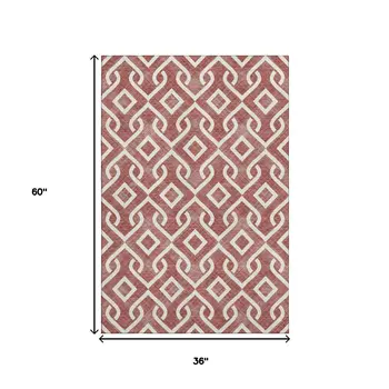 3' X 5' Burgundy And Ivory Geometric Washable Area Rug With UV Protection