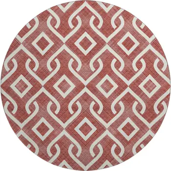 8' Burgundy And Ivory Geometric Washable Round Rug With UV Protection