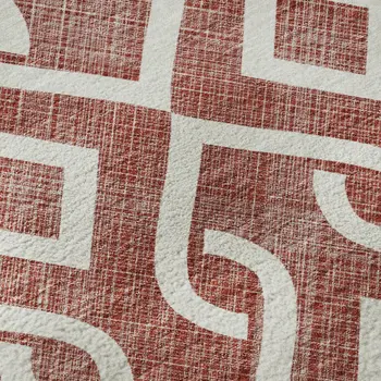 8' Burgundy And Ivory Geometric Washable Round Rug With UV Protection