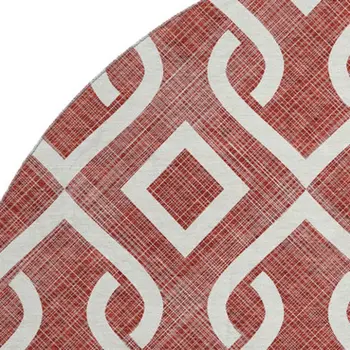 8' Burgundy And Ivory Geometric Washable Round Rug With UV Protection