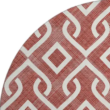 8' Burgundy And Ivory Geometric Washable Round Rug With UV Protection