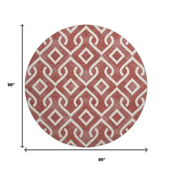 8' Burgundy And Ivory Geometric Washable Round Rug With UV Protection