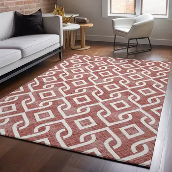 8' X 10' Burgundy And Ivory Geometric Washable Area Rug With UV Protection