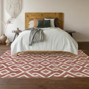 8' X 10' Burgundy And Ivory Geometric Washable Area Rug With UV Protection