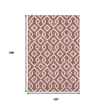 10' X 14' Burgundy And Ivory Geometric Washable Area Rug With UV Protection