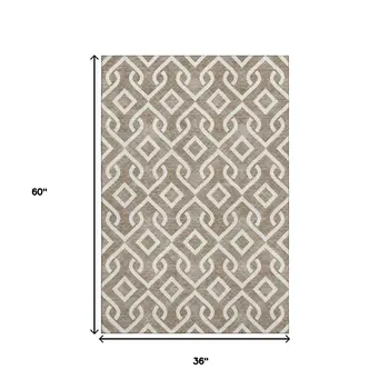 3' X 5' Brown And Ivory Geometric Washable Area Rug With UV Protection