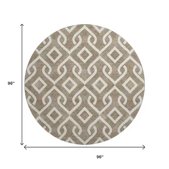 8' Brown And Ivory Geometric Washable Round Rug With UV Protection