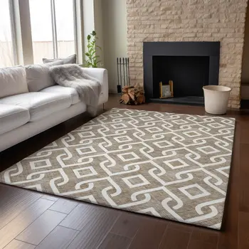 9' X 12' Brown And Ivory Geometric Washable Area Rug With UV Protection