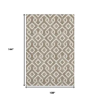 9' X 12' Brown And Ivory Geometric Washable Area Rug With UV Protection