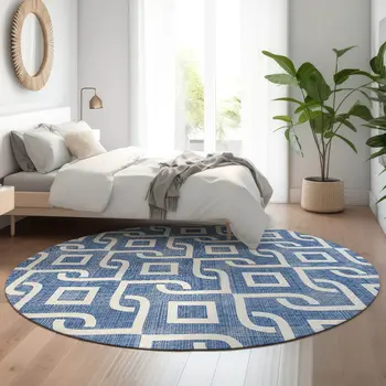 8' Blue And Ivory Geometric Washable Round Rug With UV Protection