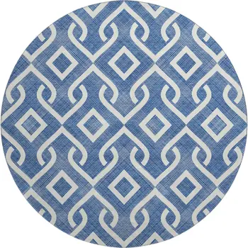 8' Blue And Ivory Geometric Washable Round Rug With UV Protection