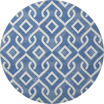 8' Blue And Ivory Geometric Washable Round Rug With UV Protection