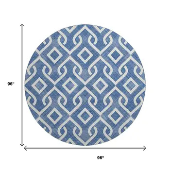 8' Blue And Ivory Geometric Washable Round Rug With UV Protection