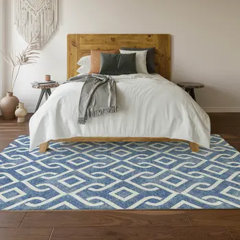 9' X 12' Blue And Ivory Geometric Washable Area Rug With UV Protection