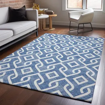 10' X 14' Blue And Ivory Geometric Washable Area Rug With UV Protection