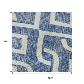 10' X 14' Blue And Ivory Geometric Washable Area Rug With UV Protection