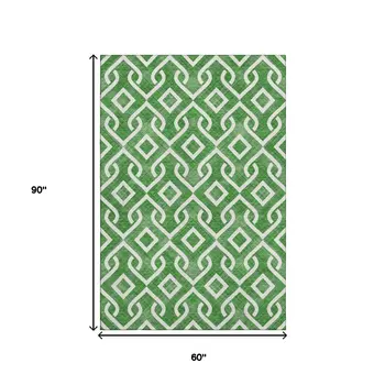 5' X 8' Emerald And Ivory Geometric Washable Area Rug With UV Protection