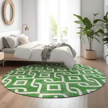 8' Emerald And Ivory Geometric Washable Round Rug With UV Protection