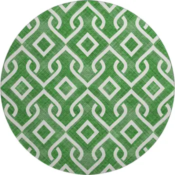 8' Emerald And Ivory Geometric Washable Round Rug With UV Protection