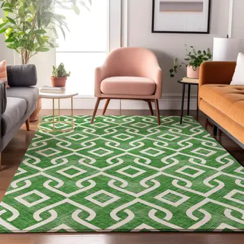 9' X 12' Emerald And Ivory Geometric Washable Area Rug With UV Protection