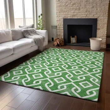 9' X 12' Emerald And Ivory Geometric Washable Area Rug With UV Protection
