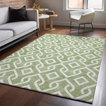3' X 5' Green And Ivory Geometric Washable Area Rug With UV Protection
