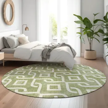 8' Green And Ivory Geometric Washable Round Rug With UV Protection