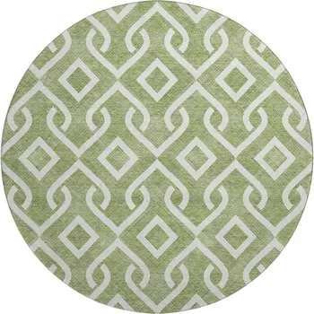 8' Green And Ivory Geometric Washable Round Rug With UV Protection