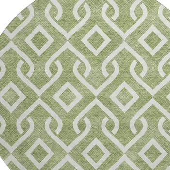 8' Green And Ivory Geometric Washable Round Rug With UV Protection