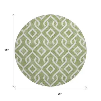 8' Green And Ivory Geometric Washable Round Rug With UV Protection