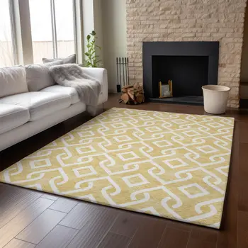 3' X 5' Gold And Ivory Geometric Washable Area Rug With UV Protection