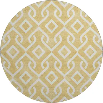 8' Gold And Ivory Geometric Washable Round Rug With UV Protection