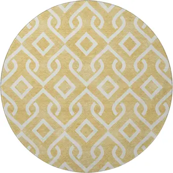 8' Gold And Ivory Geometric Washable Round Rug With UV Protection