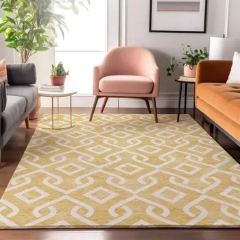 8' X 10' Gold And Ivory Geometric Washable Area Rug With UV Protection