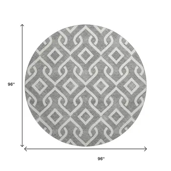 8' Gray And Ivory Geometric Washable Round Rug With UV Protection