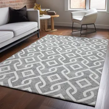 9' X 12' Gray And Ivory Geometric Washable Area Rug With UV Protection