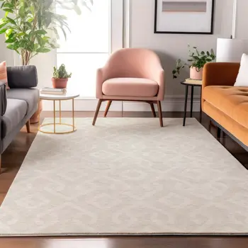 5' X 8' Ivory And Beige Geometric Washable Area Rug With UV Protection