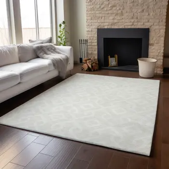 5' X 8' Ivory And Beige Geometric Washable Area Rug With UV Protection