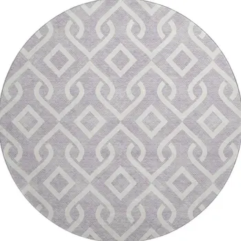 8' Lavender And Ivory Geometric Washable Round Rug With UV Protection